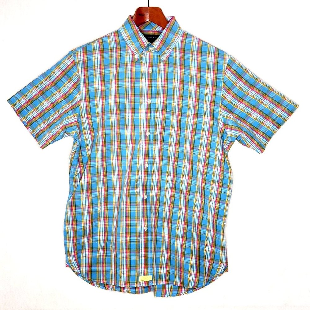 Lands' End Men's Short Sleeve Shirt Blue Multicolor Plaid Pocket